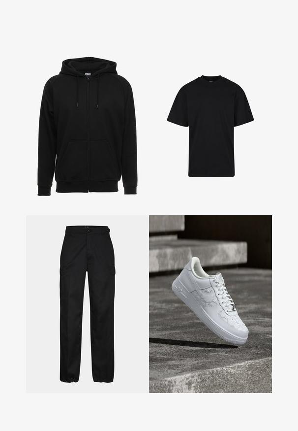 Schwarzer Kapuzenpullover mit Reißverschluss aus weichem Material, ausgestattet mit Kapuze, Fronttaschen und gerippten Bündchen. Einfaches Design ohne Muster oder Akzente.; Schwarzes T-Shirt mit kurzen Ärmeln und Rundhalsausschnitt, lockerer Passform, schlichtem Design ohne sichtbare Logos oder Muster.; Schwarze Cargo-Hosen mit geradem Schnitt, ausgestattet mit Seitentaschen, einem Knopfverschluss und elastischen Bündchen an den Knöcheln. Hergestellt aus strapazierfähigem Material.; Weißer Nike Air Force 1 Sneaker mit geprägten Sternmustern und einem metallischen Stern-Schnürsenkelanhänger, der über einer Betonoberfläche schwebt.