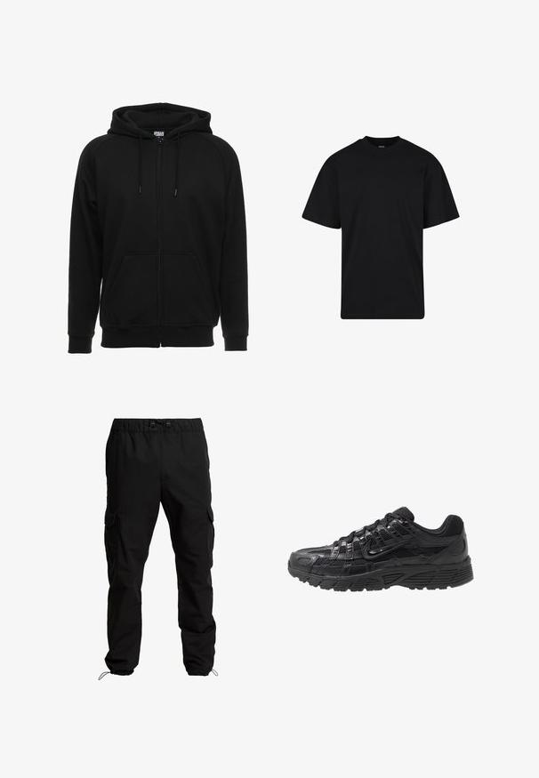 Sort hættejakke med lynlås lavet af blødt materiale, med hætte, frontlommer og ribstrikkede manchetter. Enkel design uden mønstre eller accenter.; Sort T-shirt med korte ærmer og rund hals, afslappet pasform, ensfarvet design uden synlige logoer eller mønstre.; Sorte cargobukser lavet af slidstærkt stof, med elastisk talje, justerbare snore og sidelommer med klaplukninger.; Sort atletisk sko med en overdel af mesh og syntetisk materiale, tekstureret overflade, snørrebånd og en mønstret gummisål for godt greb.