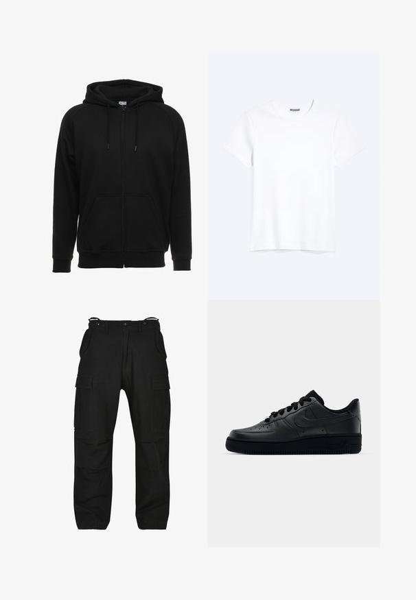 Schwarzer Kapuzenpullover mit Reißverschluss aus weichem Material, ausgestattet mit Kapuze, Fronttaschen und gerippten Bündchen. Einfaches Design ohne Muster oder Akzente.; Schlichtes weißes T-Shirt mit kurzen Ärmeln und Rundhalsausschnitt mit gut sichtbarem WEEKDAY-Label am Kragen, dargestellt auf hellem Hintergrund.; Schwarze Cargo-Hosen aus robustem Material. Verfügt über mehrere Taschen, eine lockere Passform und einen Reißverschluss mit Knopfverschluss. Verstärkte Nähte an den Nähten.; Schwarzer Nike Air Force 1 Schuh mit einem glatten Lederoberteil, perforierter Zehenpartie für Atmungsaktivität, schwarzen Schnürsenkeln und einer strukturierten Gummisohle.