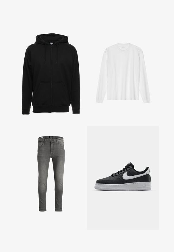 Sweat à capuche noir zippé en matière douce, avec une capuche, des poches avant et des poignets côtelés. Design simple sans motifs ni accents.; T-shirt blanc en coton à manches longues avec col rond, doté de poignets côtelés et d'un ourlet droit, texture lisse et design minimaliste.; Jean en denim gris avec une coupe slim, dotés de revers, de cinq poches et d'une fermeture à bouton. Texture lisse avec une finition dégradée.; Baskets en cuir noir avec surface texturée, swoosh Nike blanc, semelle grise, bout rond et design à lacets. Comprend des perforations sur la boîte à orteils.
