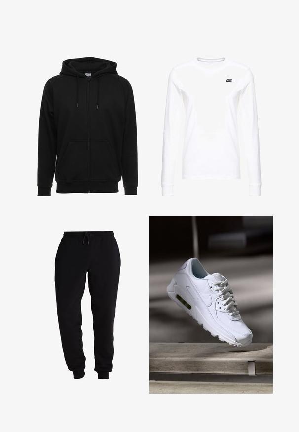 Sort hættejakke med lynlås lavet af blødt materiale, med hætte, frontlommer og ribstrikkede manchetter. Enkel design uden mønstre eller accenter.; Hvid langærmet T-shirt lavet af bomuld, med et lille sort Nike-logo på venstre bryst og en rund halsudskæring. Glat tekstur.; Svarte sweatpants lavet af blødt stof, med en elastisk talje med snor, tapered benåbninger og sidelommer.; Hvide lædersneakers med teksturerede overflader, polstret krave og synlig luftpolstring i sålen. Har snørrebånd og et minimalistisk design.