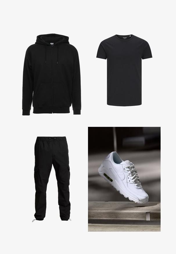 Sweat à capuche noir zippé en matière douce, avec une capuche, des poches avant et des poignets côtelés. Design simple sans motifs ni accents.; T-shirt en coton noir avec un col rond, des manches courtes et un design simple. Texture lisse, sans motifs ni éléments visibles.; Pantalons cargo noirs en tissu durable, dotés d'une taille élastique, de cordons de serrage ajustables et de poches latérales avec fermetures à rabat.; Baskets blanches en cuir avec des surfaces texturées, un col rembourré et un amorti d'air visible dans la semelle. Elles possèdent des lacets et un design minimaliste.