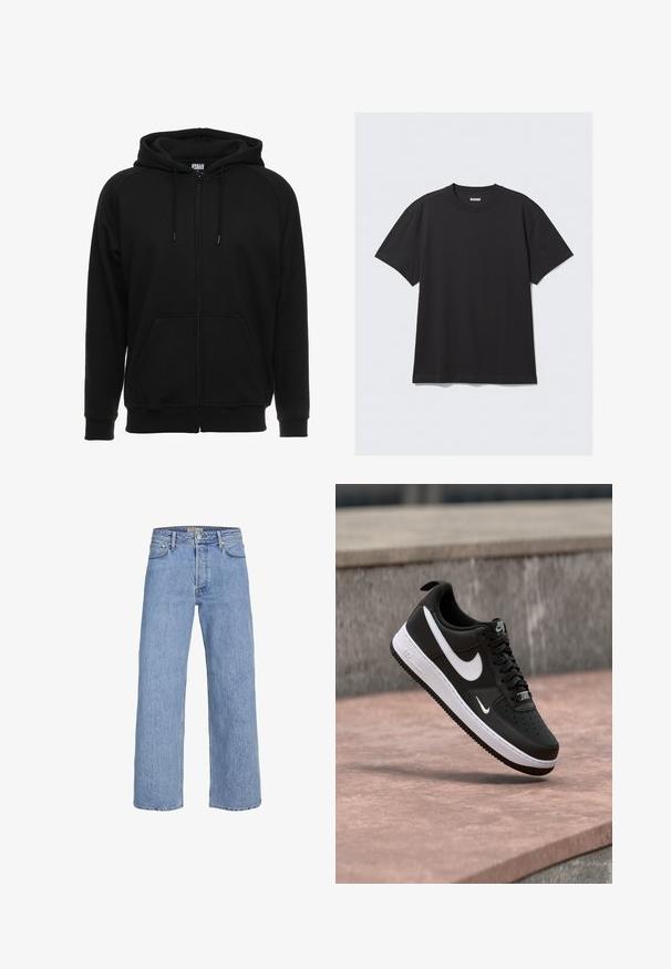 Zwarte hoodie met rits gemaakt van zacht materiaal, voorzien van een capuchon, voorzakken en geribbelde boorden. Eenvoudig ontwerp zonder patronen of accenten.; Zwarte korte mouwen T-shirt van katoen. Kenmerkt zich door een ronde halslijn en een ontspannen pasvorm. Eenvoudig ontwerp zonder zichtbare patronen of accenten.; Lichtblauwe denim wijde jeans met een hoge taille, vijf-pocketontwerp en subtiele stikdetails. Glad textuur en rechte pijpen.; Zwart-witte Nike Air Force 1 sneaker zwevend boven een roze betonnen oppervlak met een achtergrond van grijze stenen.