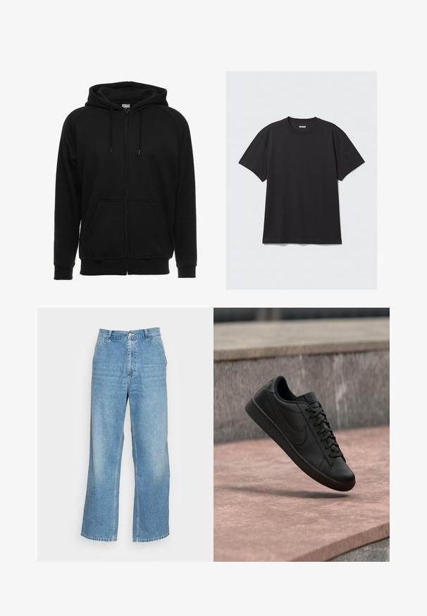 Sort hættejakke med lynlås lavet af blødt materiale, med hætte, frontlommer og ribstrikkede manchetter. Enkel design uden mønstre eller accenter.; Sort kortærmet t-shirt lavet af bomuld. Har en rund halsudskæring og en afslappet pasform. Enkel design uden synlige mønstre eller accenter.; Lyseblå bred ben jeans lavet af denim. Har en høj talje, knaplukning og standard fem-lomme design. Glat tekstur.; Sort lædersneaker med snørebånd og Nike-logo, i luften over en lyserød betonoverflade og en grå stenkant udendørs.