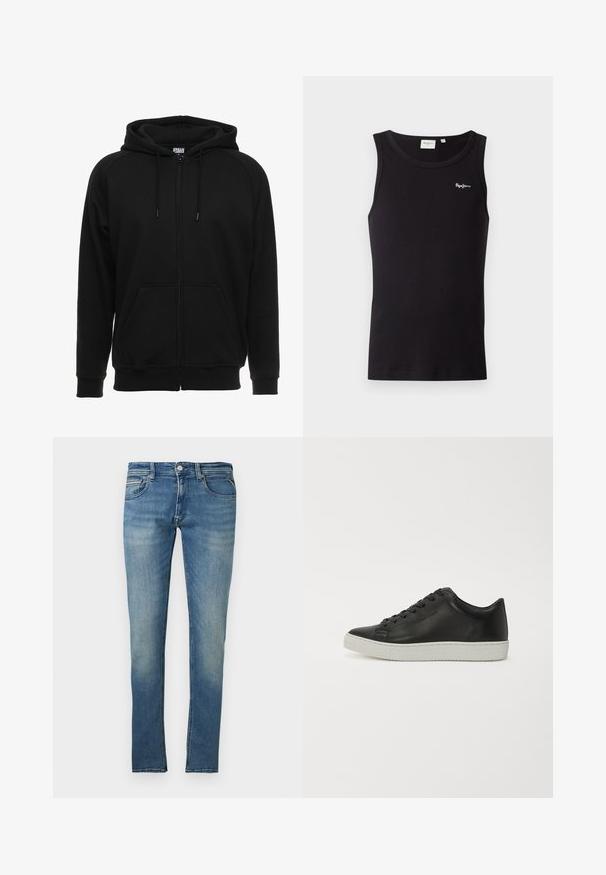 Sort hættejakke med lynlås lavet af blødt materiale, med hætte, frontlommer og ribstrikkede manchetter. Enkel design uden mønstre eller accenter.; Sort ærmeløs ribbet tanktop med rund halsudskæring og lille hvid "Pepe Jeans"-logo på venstre bryst.; Blå slim-fit denim jeans med for- og baglommer, knaplukning og subtile falmede detaljer på lår og knæ.; Sorte lædersneakers med rund tå, flad hvid gummisål og seks huller til snørebånd. Glat overflade, minimalistisk stil.