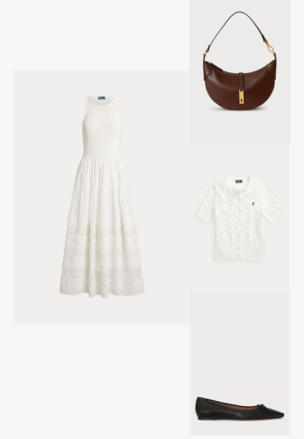 Cardigan blanc en tricot torsadé à manches courtes, col rond, boutons sur le devant, ourlet côtelé, avec petit logo Polo brodé bleu sur la poitrine.; Robe blanche sans manches avec un corsage ajusté et une jupe pleine présentant des motifs horizontaux en dentelle et brodés près de l'ourlet.; Ballet flat en cuir noir avec un bout pointu, une silhouette élancée et un petit nœud à l'avant. Texture lisse et design minimal.; Sac à main en cuir marron avec une forme incurvée, des accents en métal doré, une fermeture éclair et une petite plaque logo à l'avant.