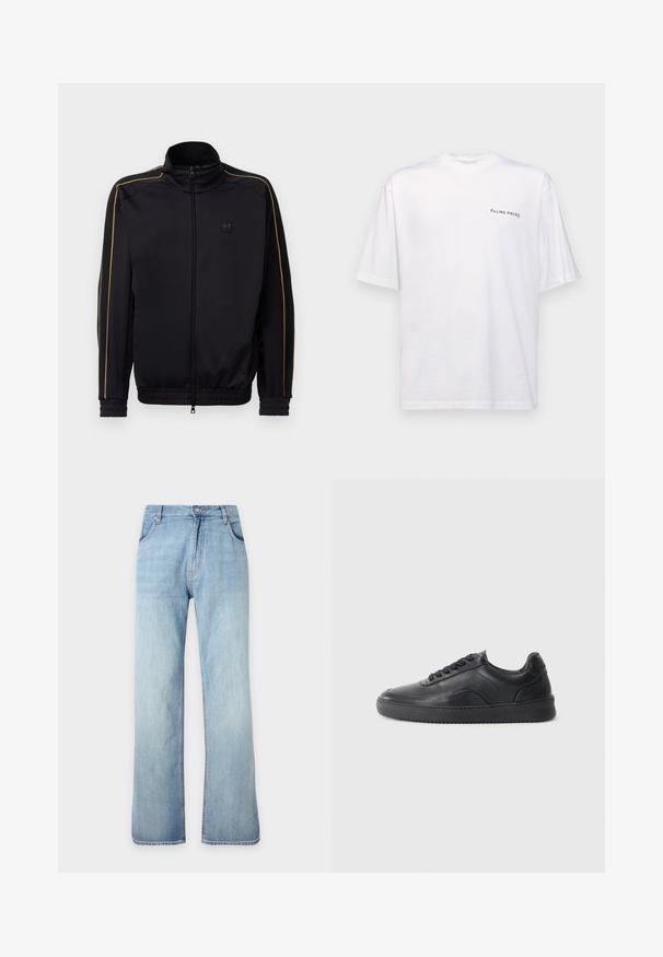 Sort zip-up træningsjakke med guld piping på ærmerne og skuldrene, elastiske manchetter og kant, samt et lille EA7-logo på brystet.; Hvid kortærmet t-shirt i bomuld med v-hals, med et sort "FILLING PIECES" logo trykt på venstre side.; Lyseblå straight-leg denimjeans med forreste knap- og lynlåslukning, forlommer og bæltestropper, vist mod en ensfarvet baggrund.; Sorte lædersneakers med en glat finish, rund tå, struktureret sidelæder og sorte snørebånd. Har en flad gummisål og et minimalistisk design.
