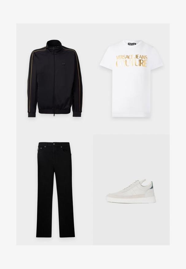 Sort zip-up træningsjakke med guld piping på ærmerne og skuldrene, elastiske manchetter og kant, samt et lille EA7-logo på brystet.; Hvid kortærmet T-shirt med gyldent metallisk "Versace Jeans Couture" tekst på fronten og rund halsudskæring.; Sorte straight-leg jeans med fem lommer, knaplukning og bæltestropper, vist mod en ensartet hvid baggrund.; Hvide lædersneakers med grå ruskindsdetaljer, snørebåndsdesign, hævet tab og tekstureret gummisål med zigzag-mønster.