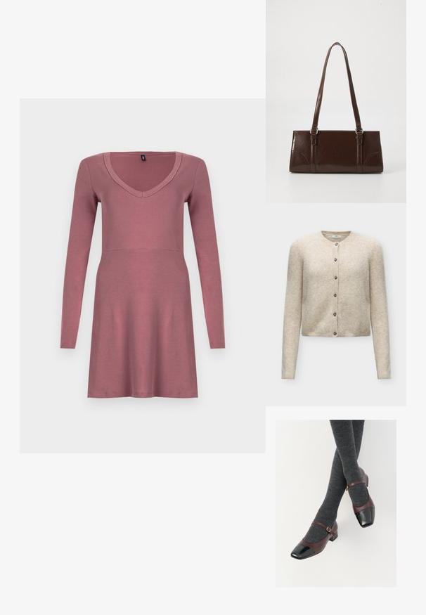 Beige langærmet cardigan med knapper og rund halsudskæring, lavet af blødt strikstof.; Langærmet kjole i mauve med V-udskæring og tætsiddende overdel samt en vid nederdel. Fremstillet af blødt, strækbart stof.; Burgunderrøde læder Mary Jane-sko med en sort laktoej og tynd ankelrem; båret med mørkegrå ribbede strømper. Lav blokhæl.; Brun lakeret håndtaske med rektangulær form, to lange håndtag og subtile buede detaljer på fronten.