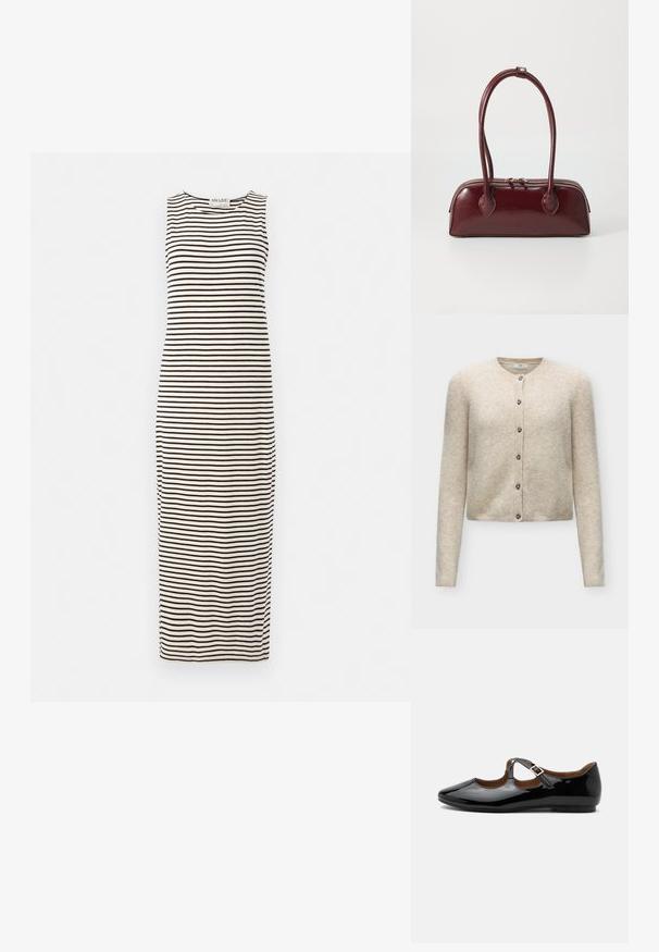 Cardigan beige à manches longues, boutonné, avec un col rond et six boutons, en tissu tricoté doux.; Robe maxi à rayures horizontales noires et blanches, fabriquée dans un matériau léger avec un col rond et sans manches.; Chaussure plate Mary Jane en cuir verni noir avec deux découpes et une bride à boucle dorée sur fond blanc.; Sac à main en cuir bordeaux avec une forme courbée, deux poignées, fermeture éclair et détails de couture subtils. Fini lisse et brillant.