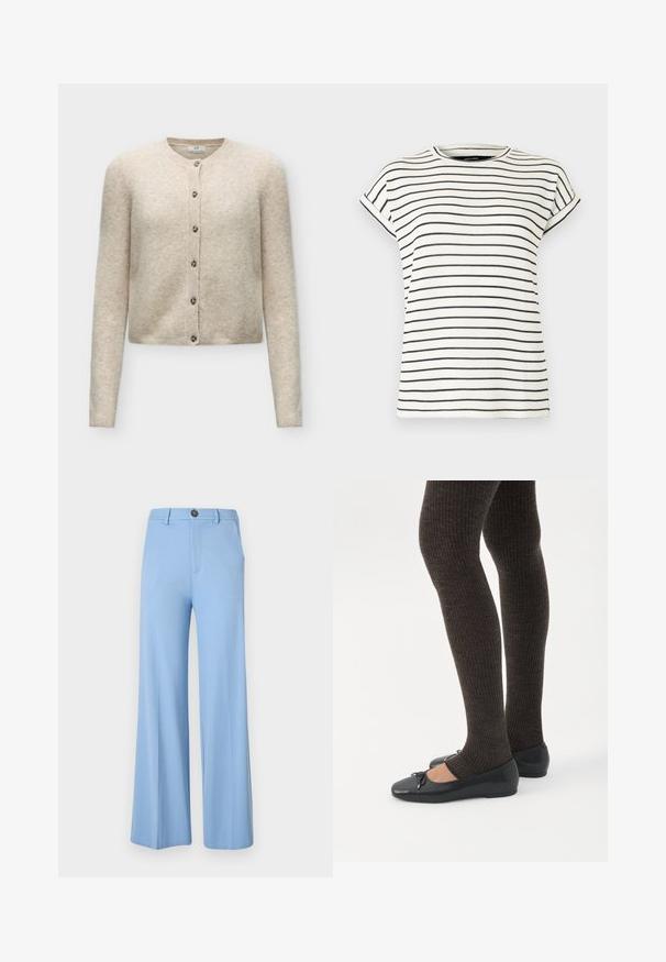 Beige langærmet cardigan med knapper og rund halsudskæring, lavet af blødt strikstof.; Hvid kortærmet t-shirt med lodrette sorte striber, rund halsudskæring og opbuk ved ærmerne. Blødt strikket stof.; Lys blå vide bukser lavet af et glat stof, med knaplukning og forlommer. Rent, skræddersyet design uden mønstre.; Ben iført mørke ribbede leggings kombineret med sorte balletsko med små sløjfedetaljer på hvid baggrund.
