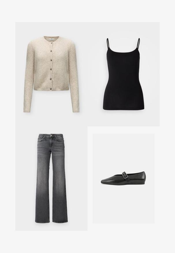 Beige langærmet cardigan med knapper og rund halsudskæring, lavet af blødt strikstof.; Sort camisole-top med tynde justerbare stropper, glat elastisk stof og en tæt silhuet. Ingen mønstre eller pynt.; Mørkegrå denim jeans med lige ben, let falmet på lårerne og standard fem-lomme design mod en hvid baggrund.; Sorte læder flade sko med spidse tæer, prydet med en metallisk spænde over vristen og en lav, fleksibel sål.