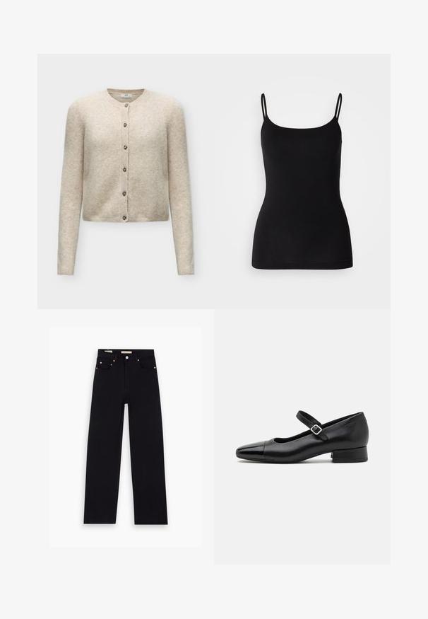 Beige langærmet cardigan med knapper og rund halsudskæring, lavet af blødt strikstof.; Sort camisole-top med tynde justerbare stropper, glat elastisk stof og en tæt silhuet. Ingen mønstre eller pynt.; Sorte denim jeans med lige pasform, fem lommer, kobberdetaljer og en glat tekstur. To mærker synlige på taljebåndet.; Sorte læder Mary Jane-sko med en patenttå, justerbar ankelrem og lav blokhæl. Glat tekstur og strømlinet design.