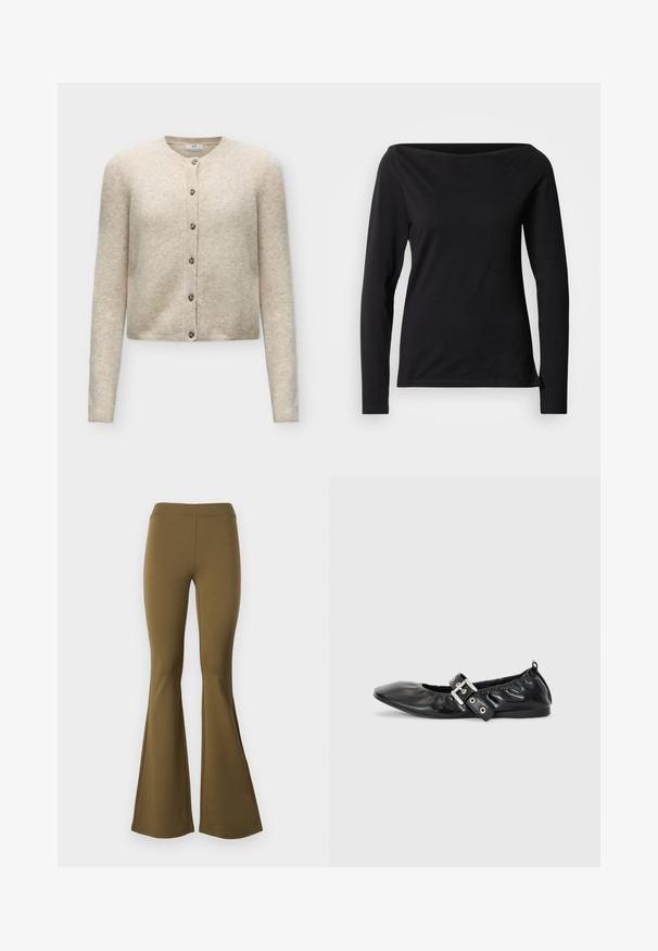 Beige langærmet cardigan med knapper og rund halsudskæring, lavet af blødt strikstof.; Sort langærmet top med en bred bådudskæring, lavet af glat, strækbart stof, med en tætsiddende pasform og minimalistisk design.; Højtaljede, svajede bukser i olivengrøn. Fremstillet af strækstof, med en glat overflade og en bred klokke fra knæet og ned.; Sorte læder flade sko med spids tå, samling detaljer omkring åbningen, og en sølv spænde accent på den justerbare rem.