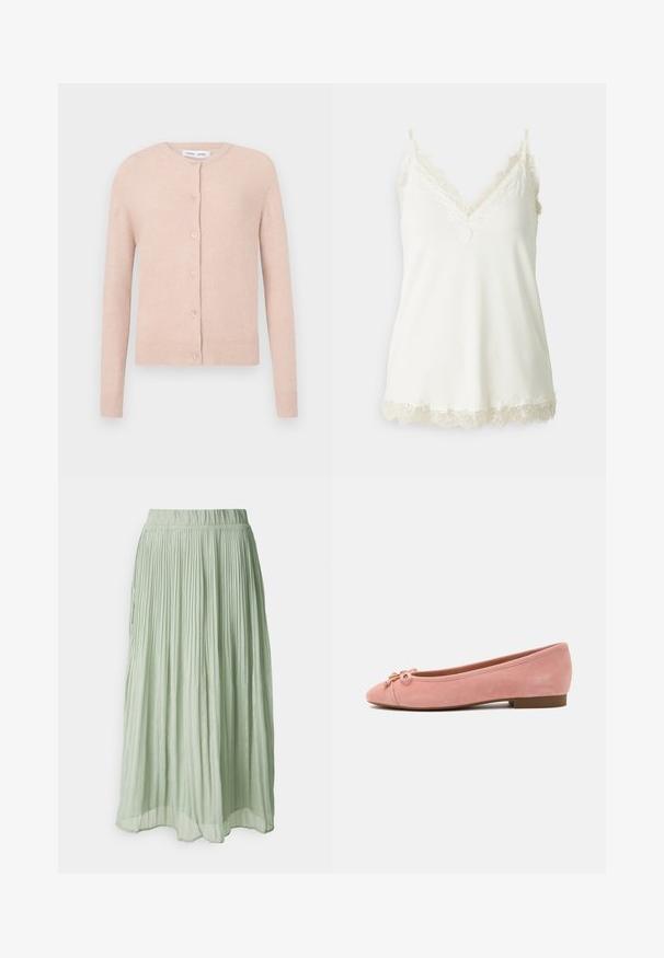 Helles rosa Cardigan aus weichem Material, mit rundem Halsausschnitt, fünf Knöpfen auf der Vorderseite sowie gerippten Bündchen und Saum.; Weiße Spaghettiträgerbluse mit V-Ausschnitt, zarter Spitzenverzierung an den Trägern und dem Saum sowie einer glatten, weichen Textur. Leichter Stoff.; Faltiger Midirock aus leicht grünem Stoff mit weicher Textur. Elastischer Taillenbund, fließendes Design und subtiler Glanz.; Weiche rosa Wildleder-Ballerinas mit kleiner Schleife und goldenem Akzent an der abgerundeten Spitze, niedrigem Absatz und glatter Sohle.
