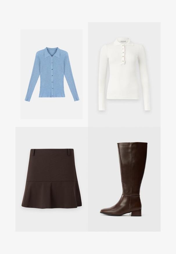 Helle blaue gerippte Strickjacke mit kragenförmigem Ausschnitt und Knopfleiste. Sie hat lange Ärmel und ein tailliertes Design.; Weißes, langärmeliges, geripptes Poloshirt mit fünf Knöpfen und einem umgeschlagenen Kragen vor schlichtem Hintergrund.; Brauner ausgestellter Minirock aus glattem Stoff, mit tailliertem Bund und dezenten Nahtdetails. Schlichtes Design ohne Muster.; Hoher, dunkelbrauner Lederstiefel mit einem niedrigen Blockabsatz und einer glatten Oberfläche, von der Seite auf weißem Hintergrund abgebildet.