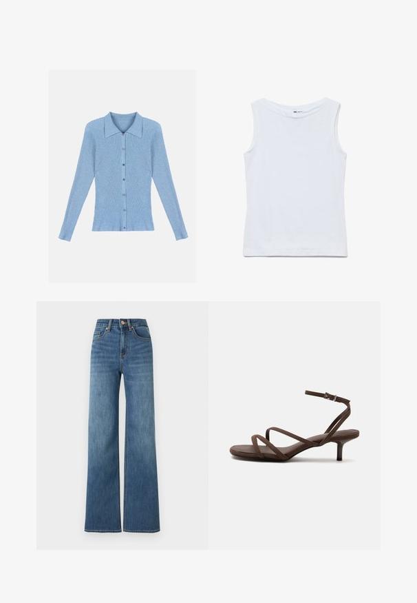 Cárdigan de punto acanalado azul claro con cuello y cierre de botones. Presenta manga larga y un diseño ajustado.; Camiseta blanca sin mangas de algodón con un amplio escote redondo y dobladillo recto, mostrada extendida sobre un fondo blanco.; Vaqueros de tiro alto de color azul medio con piernas anchas, cierre frontal con botón y cremallera, y estilo de cinco bolsillos.; Sandalia marrón de tacón alto con tiras finas cruzadas y una correa en el tobillo con una hebilla plateada sobre un fondo blanco.
