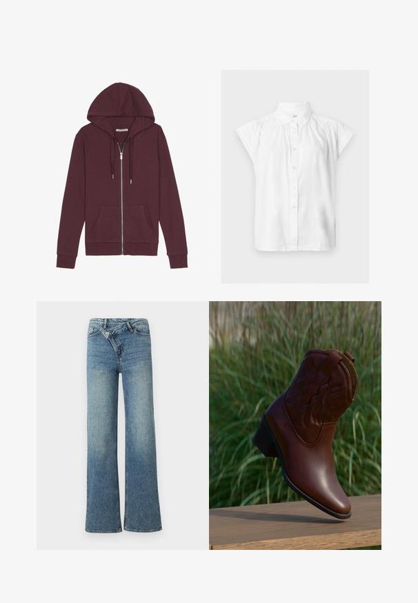Burgunderfarbener Reißverschluss-Hoodie mit verstellbarem Kapuzenzug, zwei Fronttaschen, gerippten Bündchen und einer glatten Stoffoberfläche.; Weiße kurzärmelige Bluse mit Knopfleiste, klassischem Kragen und gerafften Stoffdetails an den Schultern.; Hellblaue Jeans aus Denim mit weitem Bein, hoher Taille, leichter Verblassung und Knopfverschluss vorne. Verfügt über fünf Taschen und minimale Nähte.; Brauner Cowboystiefel aus Leder mit dekorativer Naht, schräg nach oben auf einer Holzoberfläche mit unscharfem grünem Gras im Hintergrund.