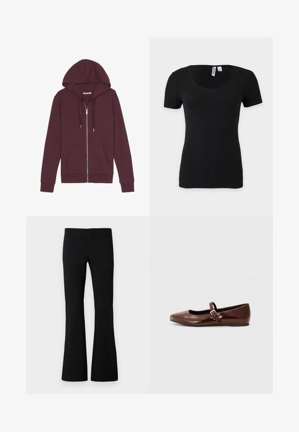 Burgunderfarbener Reißverschluss-Hoodie mit verstellbarem Kapuzenzug, zwei Fronttaschen, gerippten Bündchen und einer glatten Stoffoberfläche.; Schwarzes, kurzärmeliges, geripptes Strick-Top mit Rundhalsausschnitt und figurbetonter Silhouette, dargestellt vor einem schlichten hellen Hintergrund.; Schwarze Schlaghosen aus elastischem Stoff. Glatte Textur mit tailliertem Bund und ausgestellten Beinen. Keine sichtbaren Muster oder Verzierungen.; Braune Lackleder-Ballerinas mit quadratischer Zehenform und Riemen mit einer kleinen goldenen Schnalle. Glatte Textur, niedriger Absatz und minimalistisches Design.