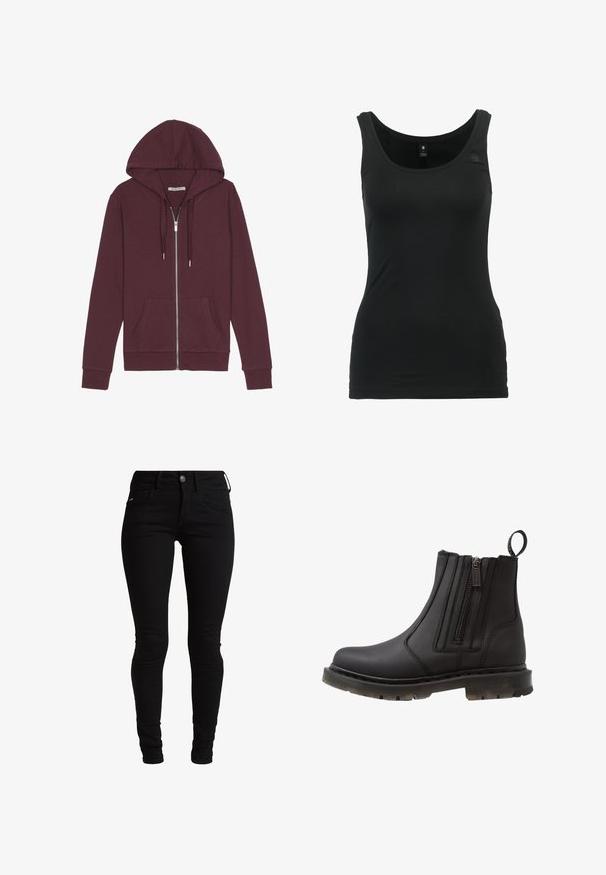 Burgunderfarbener Reißverschluss-Hoodie mit verstellbarem Kapuzenzug, zwei Fronttaschen, gerippten Bündchen und einer glatten Stoffoberfläche.; Schwarzes ärmelloses Tanktop aus glattem Stoff, mit rundem Ausschnitt, taillierter Form und kleinem Logodetail in der Nähe der Schulter.; Schwarze Skinny-Jeans aus Denim, mit einem klassischen Fünf-Taschen-Design, Gürtelschlaufen und einem vorderen Knopfverschluss. Gelenkiger, dehnbarer Stoff.; Schwarze synthetische Knöchelboots mit doppeltem Reißverschluss, runder Zehenform, strukturiertem Sohlenprofil und Zuglasche an der Rückseite für einfaches An- und Ausziehen.