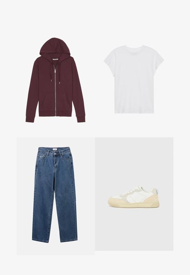 Bordeaux zip-up hoodie met een trekkoord capuchon, twee voorzakken, geribbelde manchetten en een gladde stofstructuur.; Witte t-shirt met korte mouwen, ronde hals, relaxte pasvorm, gemaakt van zacht katoen. Glad textuur, geen patronen of logo's.; Klassieke blauwe denim jeans met een rechte pijp, vijf zakken en een knoopsluiting. Heeft een middelgrote wasbeurt en stevige textuur.; Witte en beige sneaker met een bovenwerk van suède en textiel, voorzien van contrasterende stiksels, een rubberen zool en een lichtblauwe accenten op de hiel.