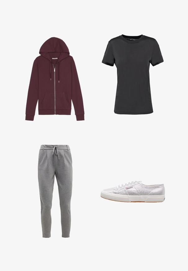 Burgunderfarbener Reißverschluss-Hoodie mit verstellbarem Kapuzenzug, zwei Fronttaschen, gerippten Bündchen und einer glatten Stoffoberfläche.; Schwarzes T-Shirt mit kurzen Ärmeln aus glattem Stoff. Verfügt über einen Rundhalsausschnitt ohne sichtbare Muster oder Akzente und bietet ein einfaches Design.; Graue Jogginghose aus weichem Stoff, mit einem Kordelzugbund, schmal zulaufenden Beinen und Seitentaschen. Glatte Textur mit einem dezenten melierten Muster.; Silberne Glitzer-Sneaker mit einer weißen Gummisohle, runder Zehenpartie, Schnürdesign und einem Logo-Patch an der Seite.