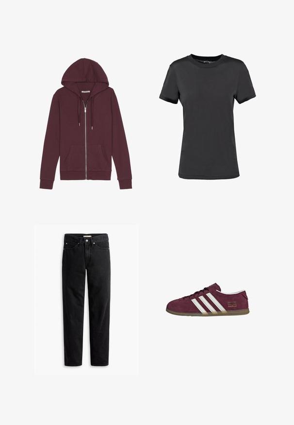 Burgunderfarbener Reißverschluss-Hoodie mit verstellbarem Kapuzenzug, zwei Fronttaschen, gerippten Bündchen und einer glatten Stoffoberfläche.; Schwarzes T-Shirt mit kurzen Ärmeln aus glattem Stoff. Verfügt über einen Rundhalsausschnitt ohne sichtbare Muster oder Akzente und bietet ein einfaches Design.; Schwarze gerade Jeans mit Knopf- und Reißverschluss, Gürtelschlaufen sowie Vorder- und Gesäßtaschen, auf weißem Hintergrund flach präsentiert.; Sneaker aus kastanienbraunem Wildleder mit weißen Streifenakzenten, abgerundetem Zehenbereich und einer Laufsohle aus Kaugummirubber. Verfügt über ein Logoetikett an der Außenseite.