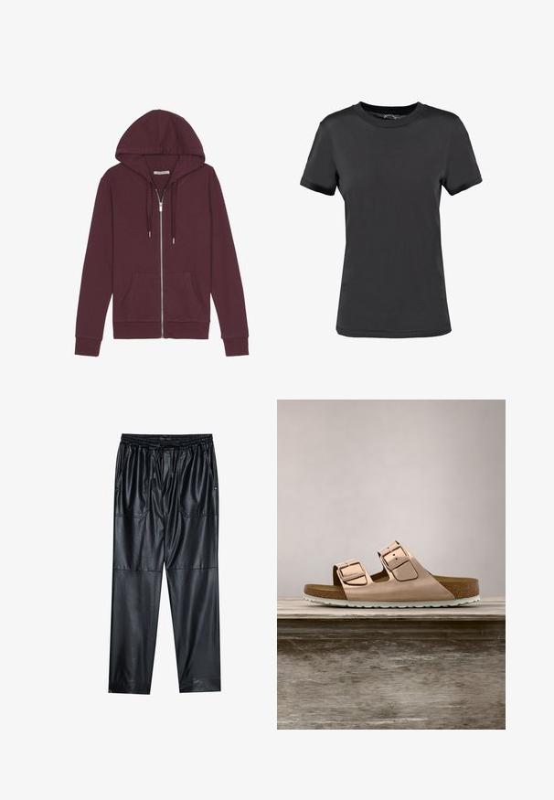 Burgunderfarbener Reißverschluss-Hoodie mit verstellbarem Kapuzenzug, zwei Fronttaschen, gerippten Bündchen und einer glatten Stoffoberfläche.; Schwarzes T-Shirt mit kurzen Ärmeln aus glattem Stoff. Verfügt über einen Rundhalsausschnitt ohne sichtbare Muster oder Akzente und bietet ein einfaches Design.; Schwarze Kunstlederhosen mit elastischem Bund, Kordelzug und zwei Vordertaschen. Mit lockerer, schmaler Passform und glatter Textur.; Roségoldene Rutsch-Sandalen mit zwei verstellbaren Metall-Schnallen, Kork-Fußbett und weißer Gummisohle. Glatte metallische Oberfläche, offene Zehenspitze.