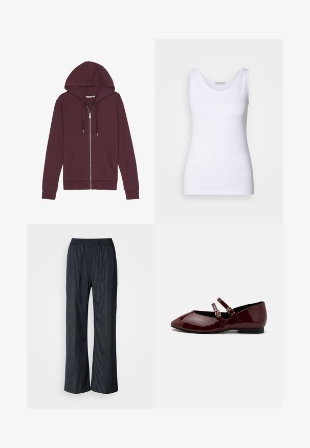 Burgunderfarbener Reißverschluss-Hoodie mit verstellbarem Kapuzenzug, zwei Fronttaschen, gerippten Bündchen und einer glatten Stoffoberfläche.; Weißes Tanktop aus glattem, dehnbarem Stoff. Verfügt über einen runden Halsausschnitt und breite Träger. Der Saum sitzt knapp unter der Taille. Keine Muster oder Akzente.; Schwarz gestreifte, weit geschnittene Hose mit elastischem Bund, die eine glatte Textur und eine lässige Passform bietet. Keine Taschen sind sichtbar.; Anna Field by Zalando Riemchenballerina - dark red