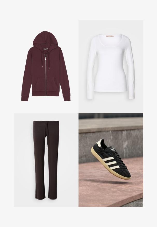 Burgunderfarbener Reißverschluss-Hoodie mit verstellbarem Kapuzenzug, zwei Fronttaschen, gerippten Bündchen und einer glatten Stoffoberfläche.; Langärmliges, weißes Baumwoll-T-Shirt mit einem U-Ausschnitt und einer figurbetonten Passform, glatter Textur und ohne Verzierung.; Schwarze, leichte Hose mit geradem Schnitt, Tunnelzugbund und glatter Textur; entworfen für Komfort und Bewegungsfreiheit.; Schwarzer Adidas-Sneaker mit weißen Streifen und beiger Sohle, in der Luft über einer steinernen Oberfläche und mit Steinwand im Hintergrund aufgenommen.