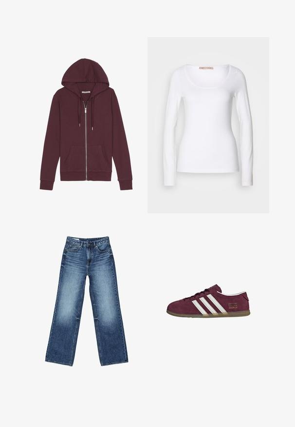 Haut à capuche zippé bourgogne avec un cordon de serrage, deux poches avant, des poignets côtelés et une texture de tissu lisse.; T-shirt en coton blanc à manches longues, avec un col rond et une coupe ajustée, au toucher doux et sans ornement.; Jean denim bleu à jambes larges avec poches avant et poche monnaie, fermeture à boutons, et lavage délavé sur les cuisses et les genoux.; Baskets en daim bordeaux avec accents rayés blancs, bout arrondi et semelle en caoutchouc gomme. Comprend une étiquette logo sur le côté extérieur.