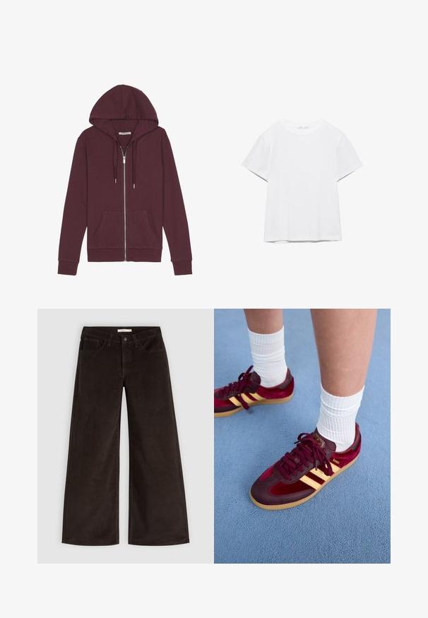 Haut à capuche zippé bourgogne avec un cordon de serrage, deux poches avant, des poignets côtelés et une texture de tissu lisse.; T-shirt blanc uni à manches courtes et col rond, avec un ourlet droit, présenté sur un fond blanc.; Pantalon large en velours côtelé marron foncé avec poches avant, passants pour ceinture et fermeture par bouton, présenté sur un fond clair uni.; Baskets en daim et cuir bordeaux avec des rayures jaunes et une semelle en gomme. Chaussettes blanches côtelées visibles au-dessus de la cheville, posées sur une surface texturée bleue.