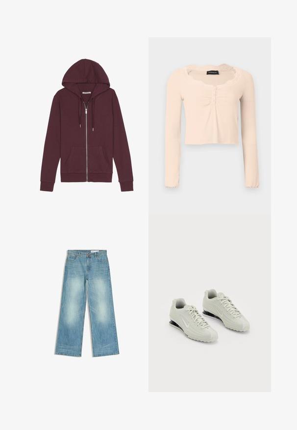 Bordeaux lynlås hættetrøje med snørehettem, to forlommer, ribbede manchetter og en glat stofstruktur.; Langærmet cropped top i blødt beige stof. Har en halsudskæring med blondekant og knapdetaljer foran samt rynkede stofaccents.; Lyseblå jeans med vide ben, lavet af denim. Har fem lommer, knaplukning og falmet tekstur på benene. Lige snit ved anklerne.; Hvide Nike sneakers med en tekstureret overdel, der har en glat tæer og sorte polstringselementer. Snørebåndsstil med forstærket hæl.