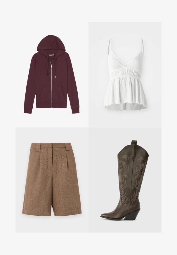 Burgunderfarbener Reißverschluss-Hoodie mit verstellbarem Kapuzenzug, zwei Fronttaschen, gerippten Bündchen und einer glatten Stoffoberfläche.; Weißes ärmelloses Oberteil mit V-Ausschnitt, strukturiertem Stoff und gerafftem Bund. Mit einem ausgeflockten Saum und dünnen verstellbaren Trägern.; Braune, maßgeschneiderte Shorts mit Fischgrätmuster, Gürtelschlaufen und Vorderfalten, auf einem schlichten weißen Hintergrund präsentiert.; Braune Leder-Cowboystiefel mit einer spitzen Zehe, Wedge-Absatz und dekorativer Stickerei. Besitzt einen hohen Schaft und eine Zuglasche.