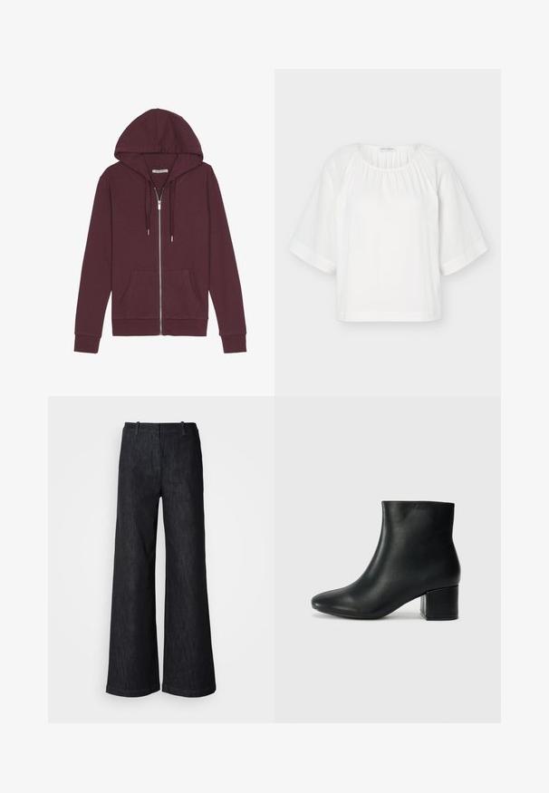 Burgunderfarbener Reißverschluss-Hoodie mit verstellbarem Kapuzenzug, zwei Fronttaschen, gerippten Bündchen und einer glatten Stoffoberfläche.; Weiße locker sitzende Bluse mit rundem Ausschnitt, gerafftem Stoff am Kragen und weiten halblangen Ärmeln mit horizontalen Nahtdetails.; Schwarze Jeanshosen mit weitem Bein und strukturierter Oberfläche, ausgestattet mit Gürtelschlaufen und einem sauberen Saum. Klassisches Design, geeignet für verschiedene Anlässe.; Schwarze Leder-Ankle-Boots mit spitzem Zehenbereich und klobigem Absatz. Glatte Textur mit minimalen Akzenten und einem eleganten, taillierten Design.