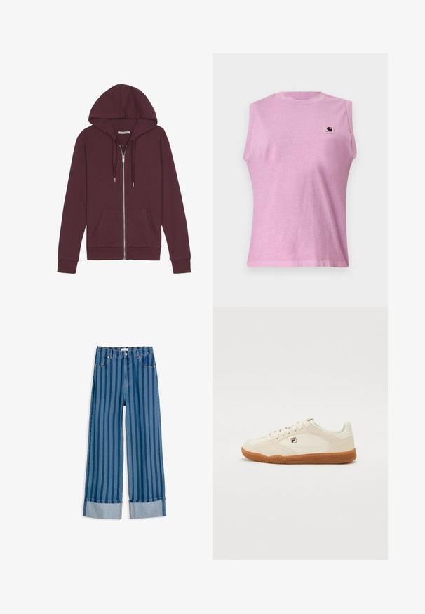 Burgunderfarbener Reißverschluss-Hoodie mit verstellbarem Kapuzenzug, zwei Fronttaschen, gerippten Bündchen und einer glatten Stoffoberfläche.; Ärmelloses hellviolettes Shirt mit Rundhalsausschnitt und Carhartt-Logoaufnäher auf der oberen linken Brust, präsentiert vor einem schlichten Hintergrund.; Blaue Jeans aus Denim mit vertikalen dunklen Streifen, umgeschlagenen Säumen, Vorderknopf und Reißverschluss sowie Fünf-Taschen-Design.; Weiße Sneakers mit einer Wildleder-Oberfläche, Gummisohle und gestickten Details. Verfügt über ein Schnürdesign und ein kleines Logo an der Seite.
