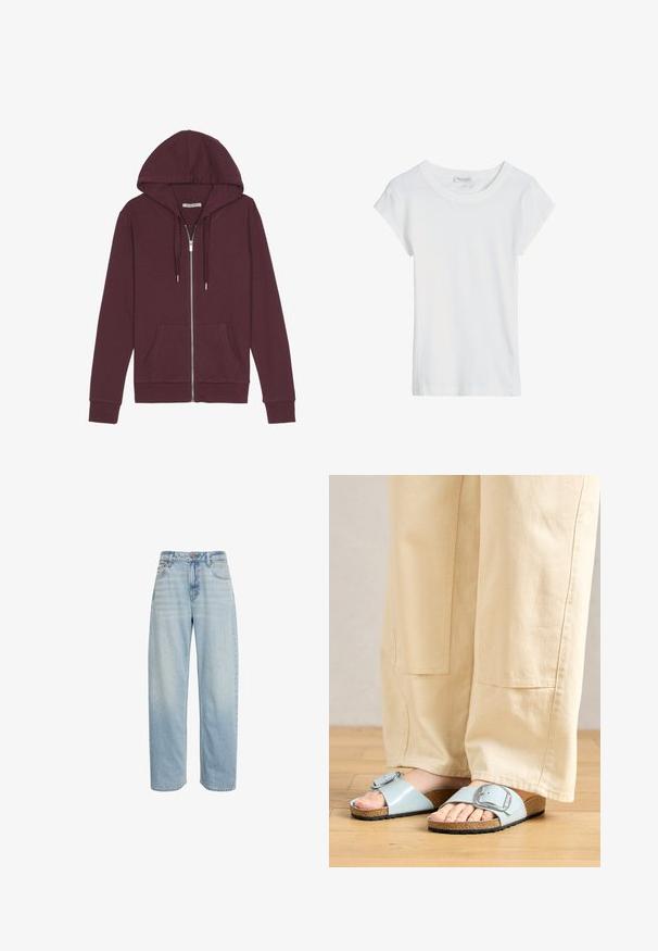 Burgunderfarbener Reißverschluss-Hoodie mit verstellbarem Kapuzenzug, zwei Fronttaschen, gerippten Bündchen und einer glatten Stoffoberfläche.; Schlichtes weißes T-Shirt mit kurzen Ärmeln und rundem Halsausschnitt, flach liegend auf weißem Hintergrund dargestellt.; Hellblaue, hoch taillierte Straight-Leg-Jeans mit fünf Taschen und Knopfverschluss, vor weißem Hintergrund gezeigt.; Helles blaues Rutschen-Sandalen mit einem breiten Riemen und einer silbernen Schnalle, ausgestattet mit einer strukturierten Kork-Fußbett und einer schwarzen Gummisohle.
