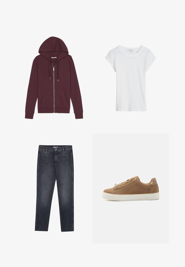 Burgunderfarbener Reißverschluss-Hoodie mit verstellbarem Kapuzenzug, zwei Fronttaschen, gerippten Bündchen und einer glatten Stoffoberfläche.; Schlichtes weißes T-Shirt mit kurzen Ärmeln und rundem Halsausschnitt, flach liegend auf weißem Hintergrund dargestellt.; Dunkelgraue Denim-Jeans mit geradem Schnitt. Verfügt über zwei Gesäßtaschen, einen Knopfverschluss und Gürtelschlaufen. Subtile Ausbleichungen.; Anna Field by Zalando Sneaker low - cognac
