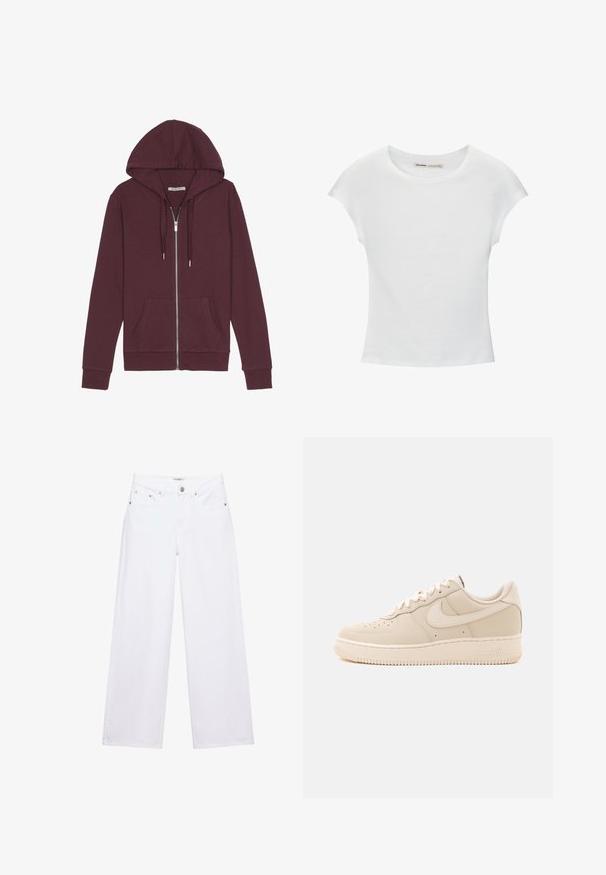 Haut à capuche zippé bourgogne avec un cordon de serrage, deux poches avant, des poignets côtelés et une texture de tissu lisse.; T-shirt en coton blanc avec manches courtes retroussées, encolure ronde et ourlet droit. Texture lisse sans motifs ni accents visibles.; Jean blanc taille haute à jambes larges avec fermeture à boutons et zip, poches avant et arrière, et détails en rivets argentés.; Baskets basses beiges Nike Air Force 1 avec fermeture à lacets et perforations sur la boîte à orteils sur un fond uni.