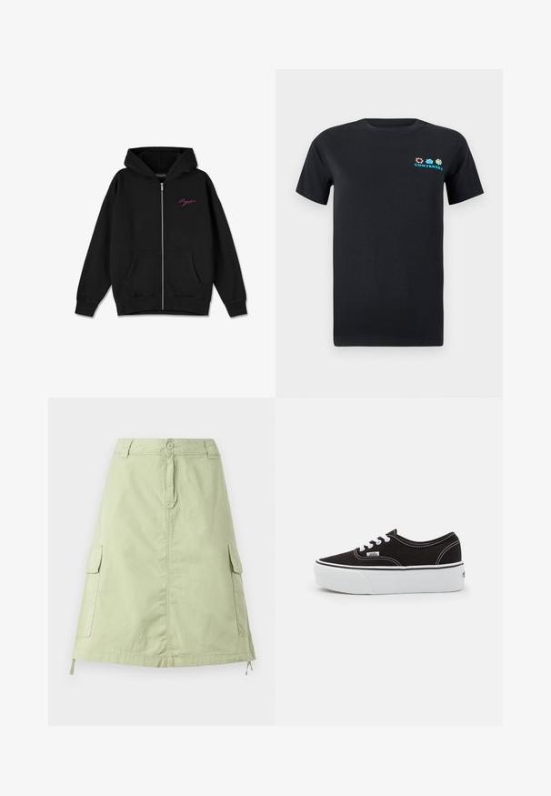 Hoodie zippé noir avec une poche frontale, des poignets côtelés, et un logo rose brodé sur la poitrine gauche. Fabriqué en tissu doux.; T-shirt en coton noir à manches courtes, avec un design de logo coloré incluant des éléments roses, bleus et verts sur la zone de la poitrine gauche.; Jupe en coton vert clair, longueur genou, avec deux poches cargo sur les côtés, une fermeture à bouton et une coupe droite décontractée. Texture unie.; Baskets en toile noires avec une semelle en caoutchouc blanc, dotées de lacets et de coutures blanches, marquage emblématique sur le côté, design basse.