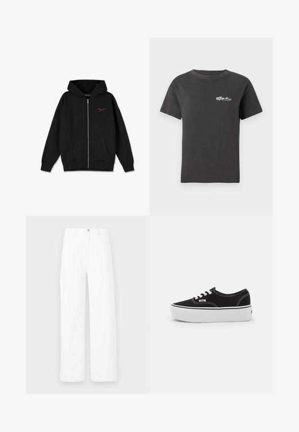 Hoodie zippé noir avec une poche frontale, des poignets côtelés, et un logo rose brodé sur la poitrine gauche. Fabriqué en tissu doux.; T-shirt en coton noir avec un col rond et des manches courtes. Présente un logo floral coloré au niveau de la poitrine gauche. Coupe classique.; Pantalons en denim blanc avec un design à jambes larges, style classique à cinq poches et surface unie sans motifs ni embellissements.; Baskets en toile noires avec une semelle en caoutchouc blanc, dotées de lacets et de coutures blanches, marquage emblématique sur le côté, design basse.
