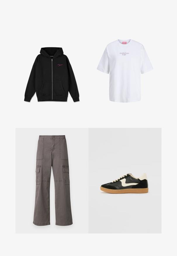 Hoodie zippé noir avec une poche frontale, des poignets côtelés, et un logo rose brodé sur la poitrine gauche. Fabriqué en tissu doux.; T-shirt blanc à manches courtes avec col rond, présentant un petit texte violet et noir « Matcha Latte Club » sur la poitrine et une étiquette rose au niveau du col.; Pantalons cargo gris en coton avec un design à jambes larges, dotés de deux poches avant, de deux poches latérales et de détails de couture visibles.; Baskets en daim et cuir noir avec un swoosh latéral crème et un talon crème clair. Dotées de lacets beige et d'une semelle en caoutchouc gomme.