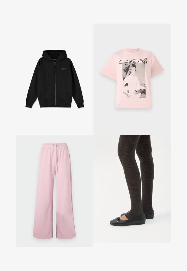 Zwarte zip-up hoodie met een frontzak, geribbelde manchetten en een geborduurd roze logo op de linkerborst. Gemaakt van zachte stof.; Roze katoenen t-shirt met een zwart-wit afbeelding van een vrouw met een gitaar, versierd met de naam "Dolly" in een scriptlettertype en een vlinder.; Lichtroze wijde broek met een elastische tailleband en trekkoorddetails, tentoongesteld tegen een neutrale achtergrond.; Benen met donkere geribbelde leggings gecombineerd met zwarte ballerina's met kleine strikdetails op een witte achtergrond.