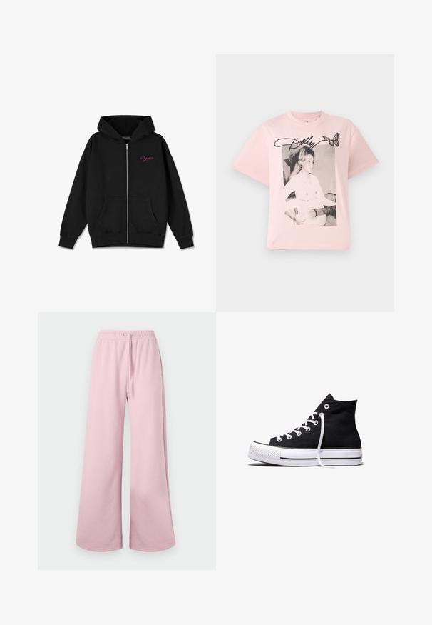 Schwarze Zip-Hoodie mit einer vorderen Tasche, gerippten Bündchen und einem gestickten pinken Logo auf der linken Brust. Aus weichem Stoff gefertigt.; Rosa Baumwoll-T-Shirt mit einem schwarz-weißen Grafikbild einer Frau mit einer Gitarre, ergänzt durch den Namen "Dolly" in Schreibschrift und einem Schmetterling.; Helle rosa weite Hosen mit einem elastischen Bund und Bindebanddetails, vor einem neutralen Hintergrund präsentiert.; Schwarzer High-Top-Canvas-Sneaker mit weißer Gummisohle und weißen Schnürsenkeln, seitlich dargestellt vor weißem Hintergrund.