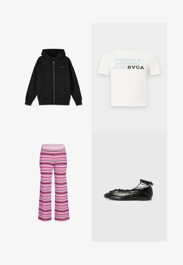 Zwarte zip-up hoodie met een frontzak, geribbelde manchetten en een geborduurd roze logo op de linkerborst. Gemaakt van zachte stof.; Wit T-shirt met korte mouwen met de tekst "THANKS 4 NOTHING CLUB RVCA" in blauwe en zwarte letters gedrukt over de borst.; Gebreide broek met horizontale strepen in tinten roze, paars en wit, met een geribde elastische tailleband en wijde pijpen.; Zwarte ballerina's van lakleer met een afgeronde neus, veterdesign en een platte zool. Glad oppervlak met minimale details.