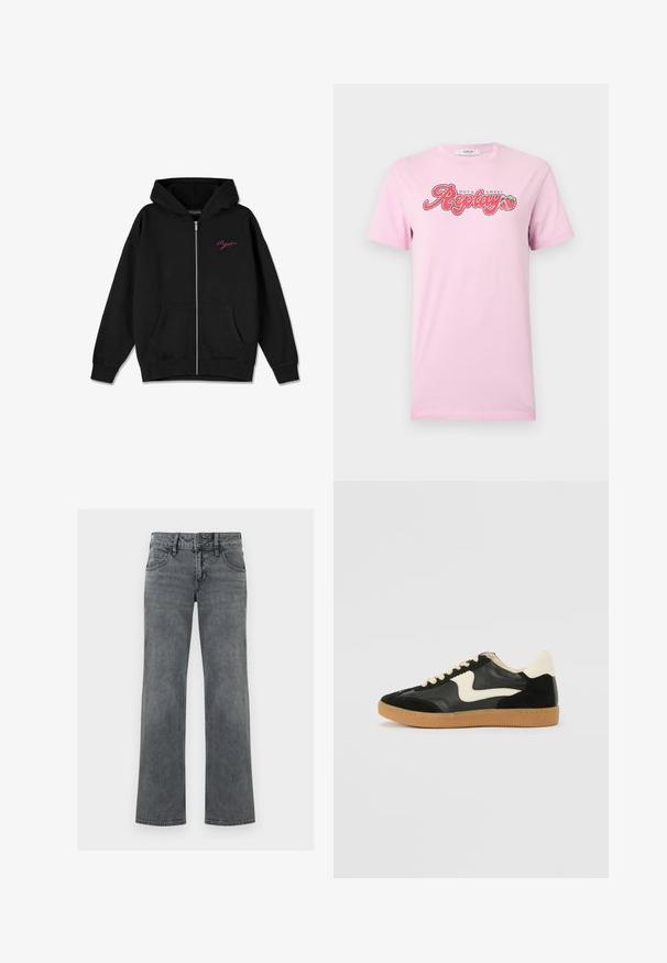 Hoodie zippé noir avec une poche frontale, des poignets côtelés, et un logo rose brodé sur la poitrine gauche. Fabriqué en tissu doux.; T-shirt rose clair à manches courtes avec le texte « Hot & Sweet Replay » et un graphisme de deux fraises au centre de la poitrine.; Jeans en denim gris à jambe droite avec bouton frontal, fermeture éclair et cinq poches, présentés sur un fond blanc.; Baskets en daim et cuir noir avec un swoosh latéral crème et un talon crème clair. Dotées de lacets beige et d'une semelle en caoutchouc gomme.