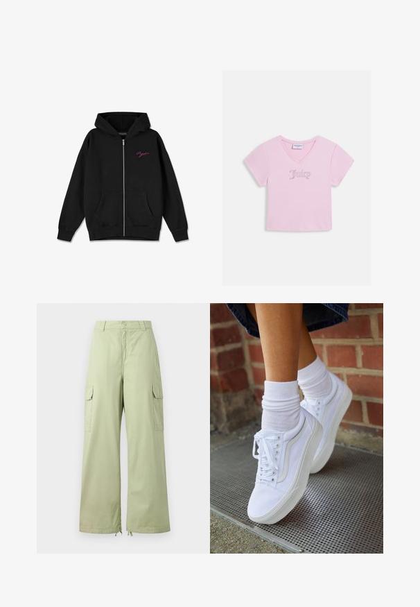 Hoodie zippé noir avec une poche frontale, des poignets côtelés, et un logo rose brodé sur la poitrine gauche. Fabriqué en tissu doux.; Crop top rose clair à manches courtes et col en V avec le texte « Juicy » en strass centré sur la poitrine.; Pantalons cargo vert clair avec jambes larges, en coton. Présente deux poches latérales et une fermeture à bouton. Texture lisse et design décontracté.; Baskets en toile blanches avec semelles en caoutchouc, dotées de six œillets, d'un bout rond et de détails de couture légers, portées avec des chaussettes blanches mi-mollet.