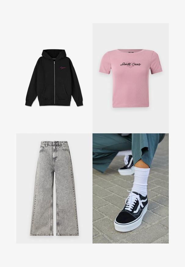 Hoodie zippé noir avec une poche frontale, des poignets côtelés, et un logo rose brodé sur la poitrine gauche. Fabriqué en tissu doux.; T-shirt rose court en tissu côtelé, présentant un graphique noir "Santa Cruz" sur la poitrine et un petit détail en forme de cœur sur la manche.; Jean large en denim noir délavé, avec une taille haute, un design classique à cinq poches et des détails de couture visibles.; Baskets en suède noir avec des accents et des lacets blancs, présentant une épaisse semelle blanche et des coutures contrastantes, associées à une chaussette blanche.