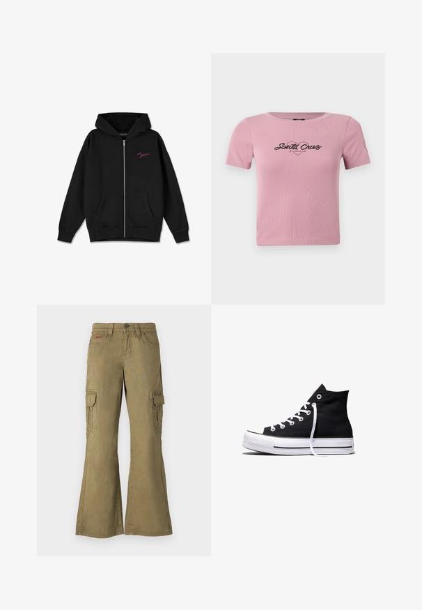 Hoodie zippé noir avec une poche frontale, des poignets côtelés, et un logo rose brodé sur la poitrine gauche. Fabriqué en tissu doux.; T-shirt rose court en tissu côtelé, présentant un graphique noir "Santa Cruz" sur la poitrine et un petit détail en forme de cœur sur la manche.; Pantalons cargo en vert olive, fabriqués en coton. Caractéristiques : jambes évasées, plusieurs poches latérales et un bouton de fermeture à la taille.; Baskets montantes en toile noire avec semelle en caoutchouc blanche et lacets blancs, vues de côté sur un fond blanc.