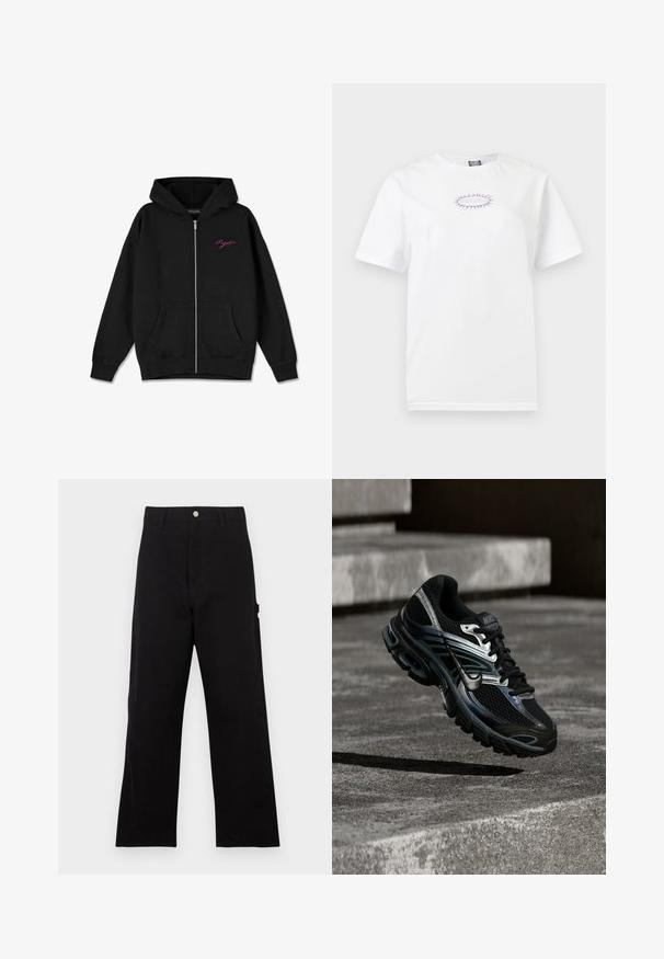 Zwarte zip-up hoodie met een frontzak, geribbelde manchetten en een geborduurd roze logo op de linkerborst. Gemaakt van zachte stof.; Wit T-shirt met korte mouwen met klein paars cirkelvormig ontwerp en tekst "INDISPENSABLE" in het midden van de borst op een effen achtergrond.; Zwarte katoenen broek met een rechtse pijp, voorzien van een knoopsluiting aan de voorkant, riemlussen en een zijzak. Gladde textuur.; Zwart-zilveren Nike hardloopschoen zwevend boven betonnen trappen, met een gedetailleerd ontwerp en een getextureerde zool in een buitenomgeving.